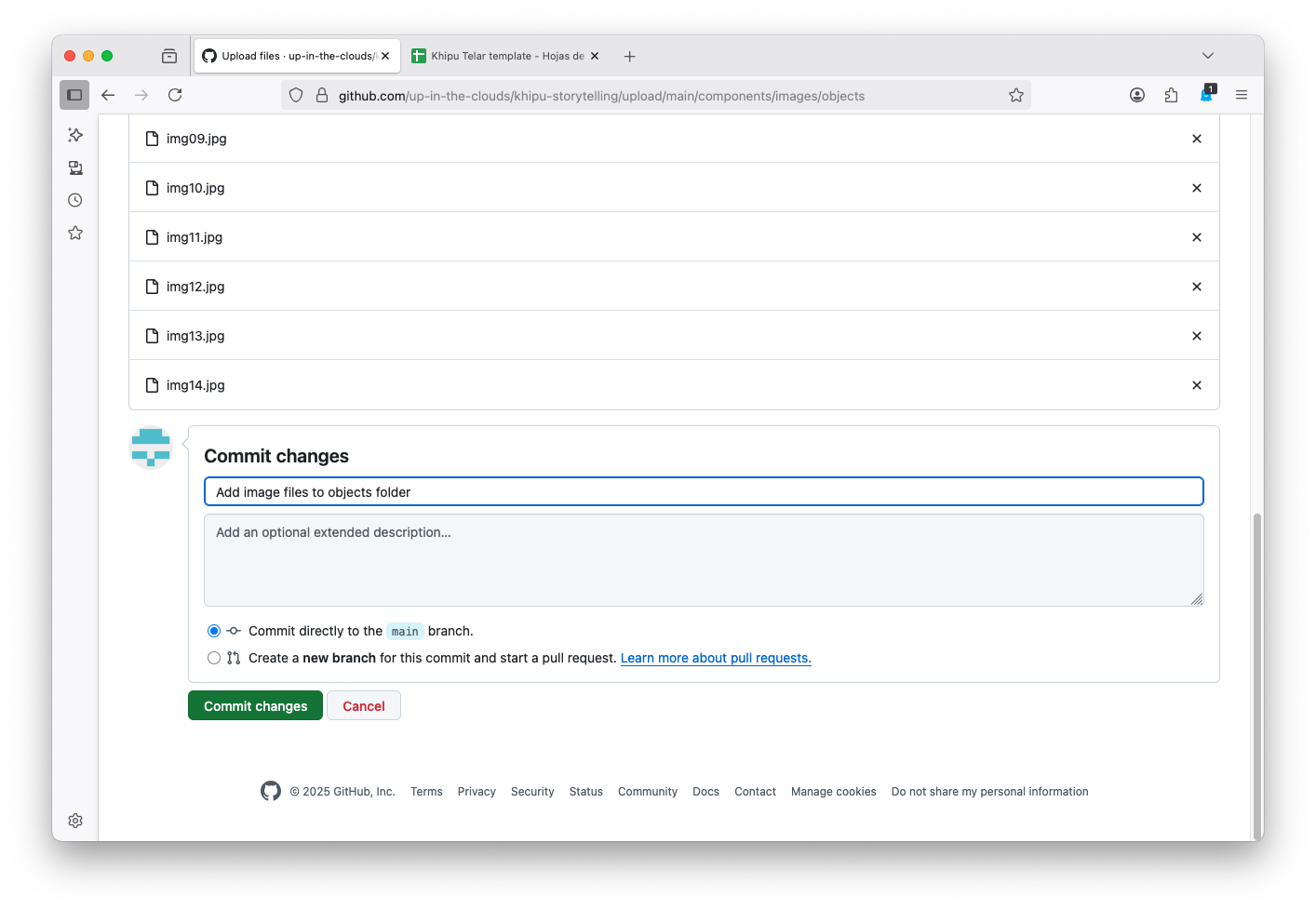 GitHub screenshot for uploading files