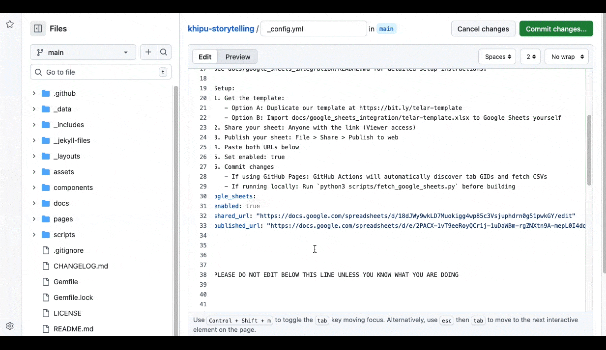 GitHub screenshot for editing config file