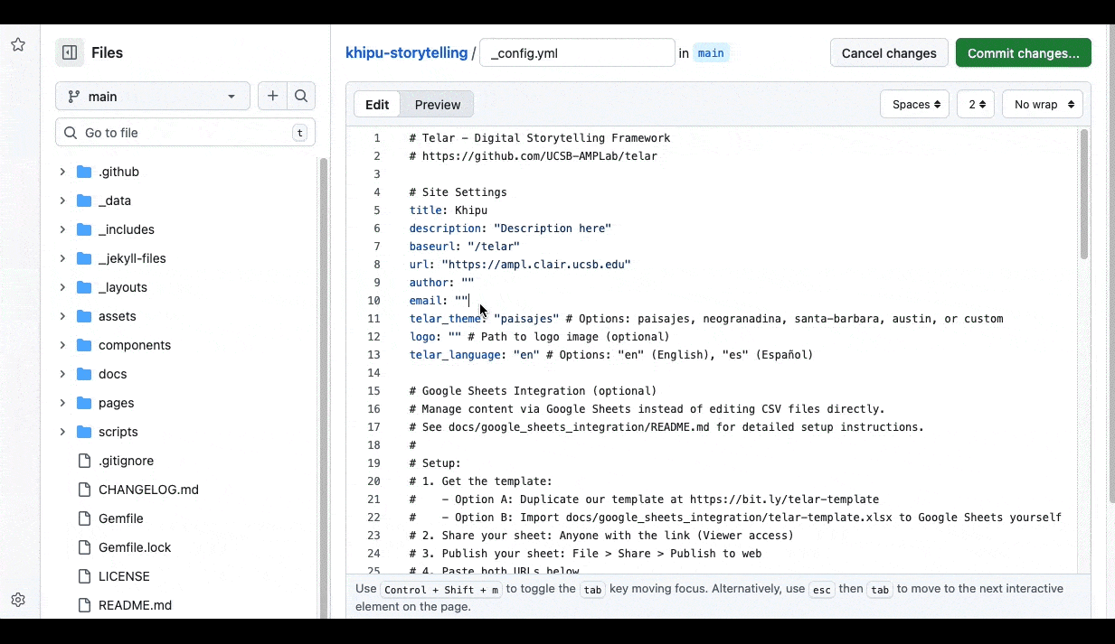 GitHub screenshot for editing config file