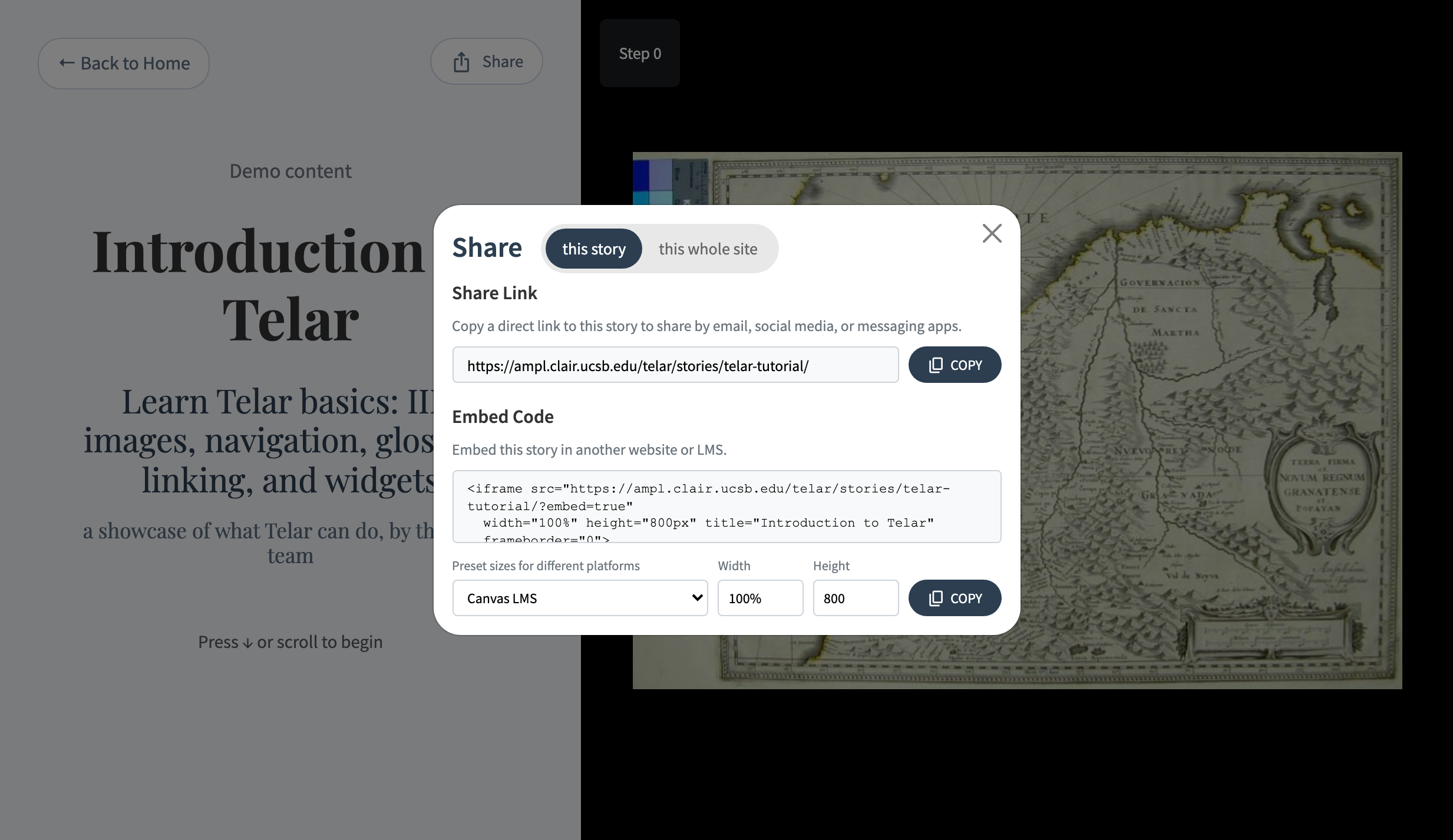 Share and Embed panel with link and embed code options
