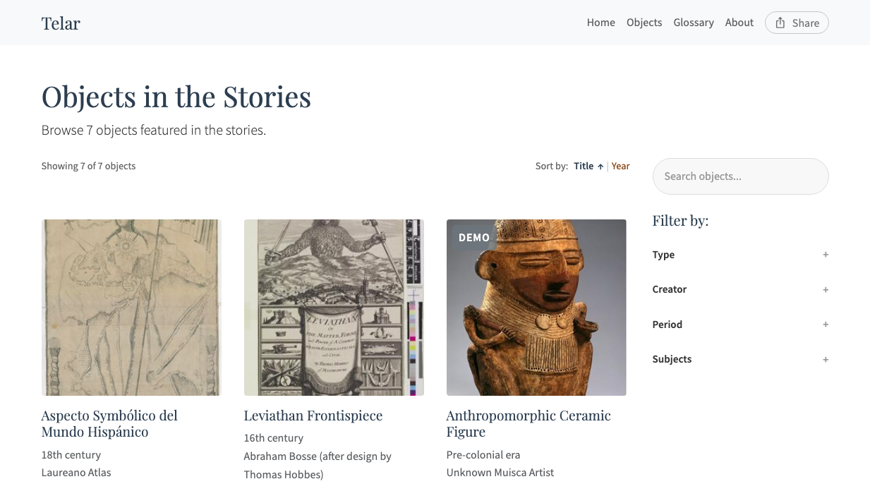 Objects gallery with search bar, sort options, and filter sidebar