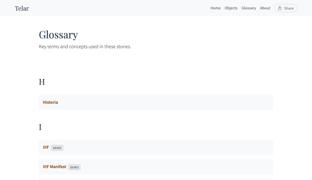 Glossary page showing alphabetical term listing
