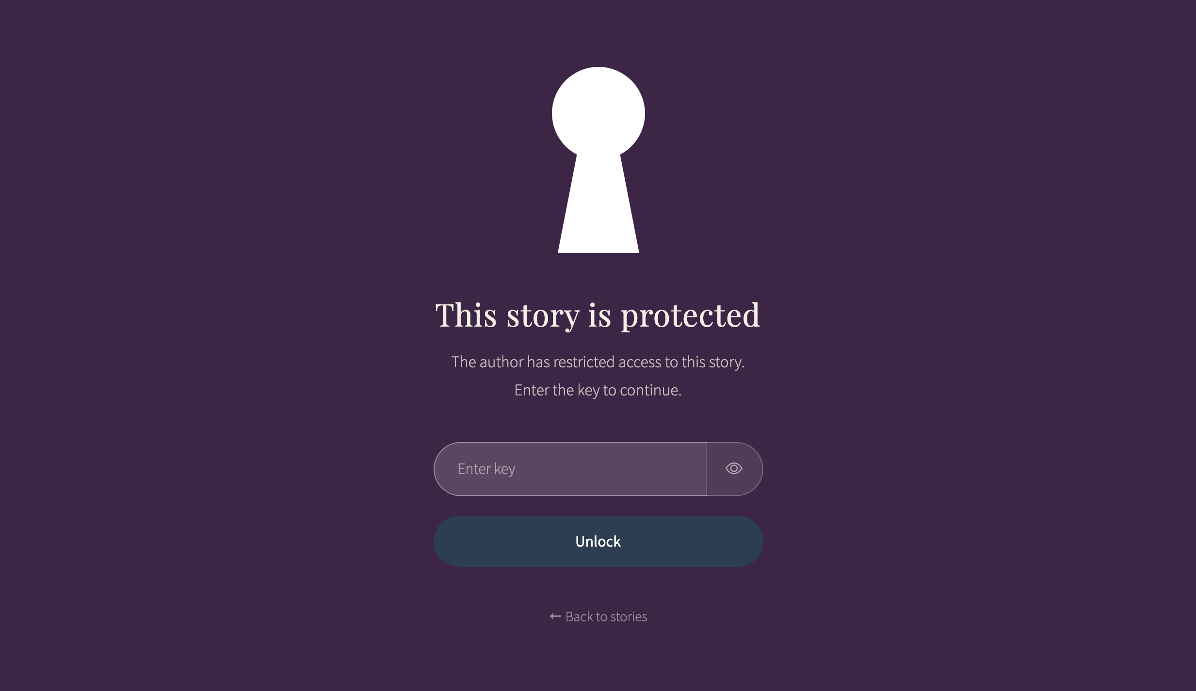 Protected story showing lock screen with key entry field