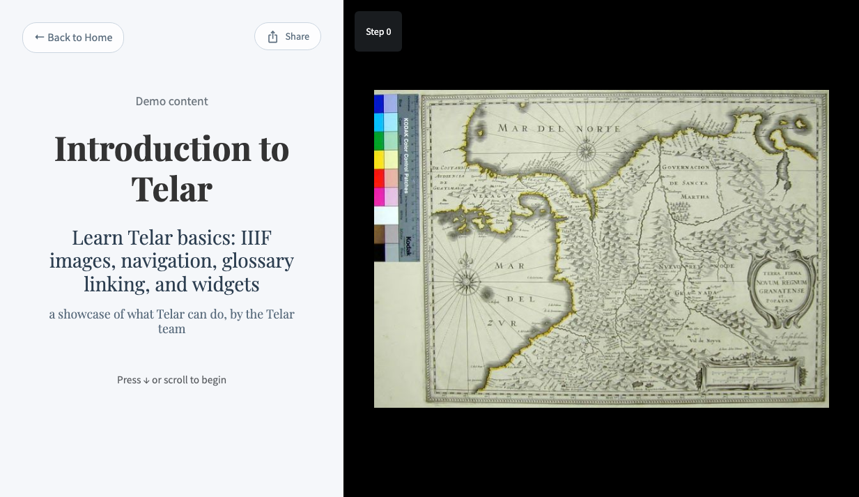 Story viewer showing narrative panel and IIIF image viewer