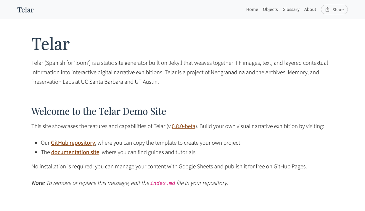 Telar homepage with title and navigation menu